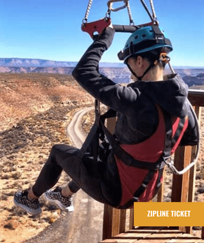 A person in a helmet and harness is on a zipline, with a canyon view behind them.